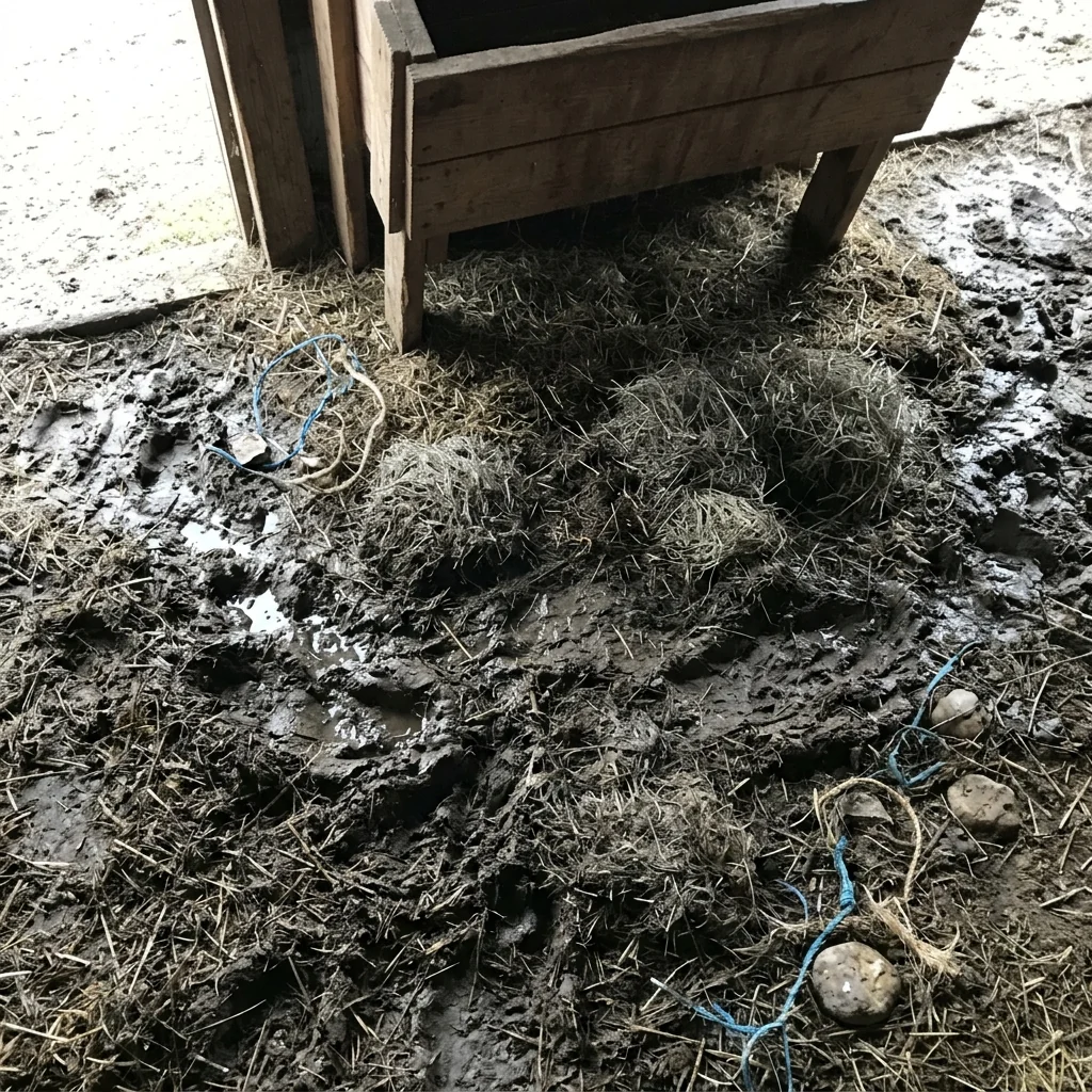 Soaked bedding under the feeder