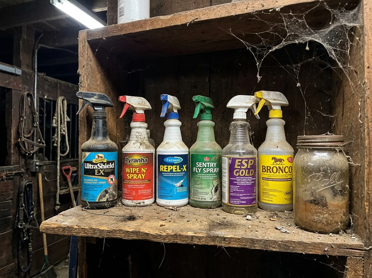 A shelf of half-used fly sprays