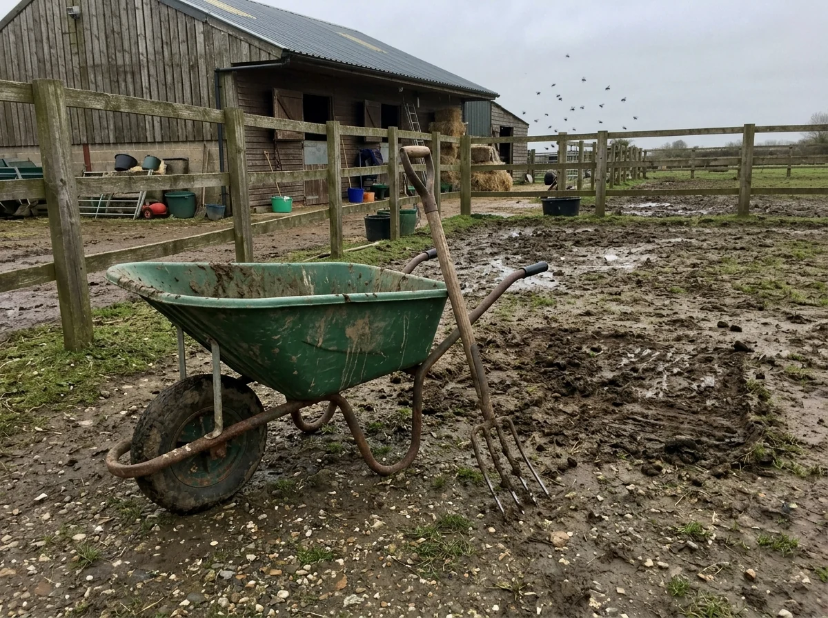 A wheelbarrow in a picked-clean paddock